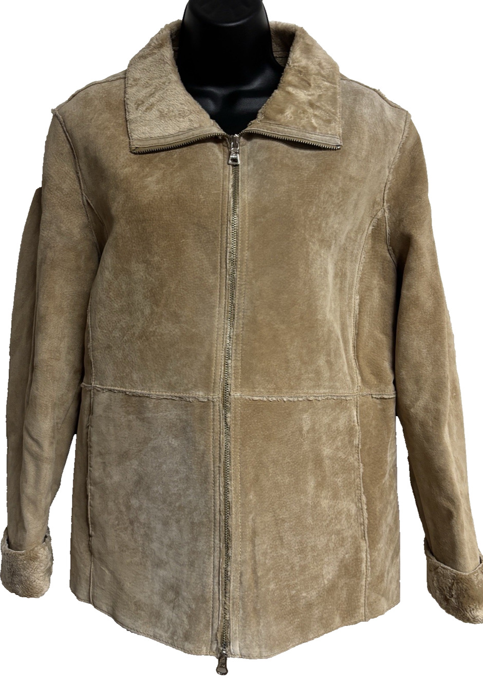 Guess Womens Size Large Genuine Leather Faux Shearling Jacket Coat Tan Brown GUC